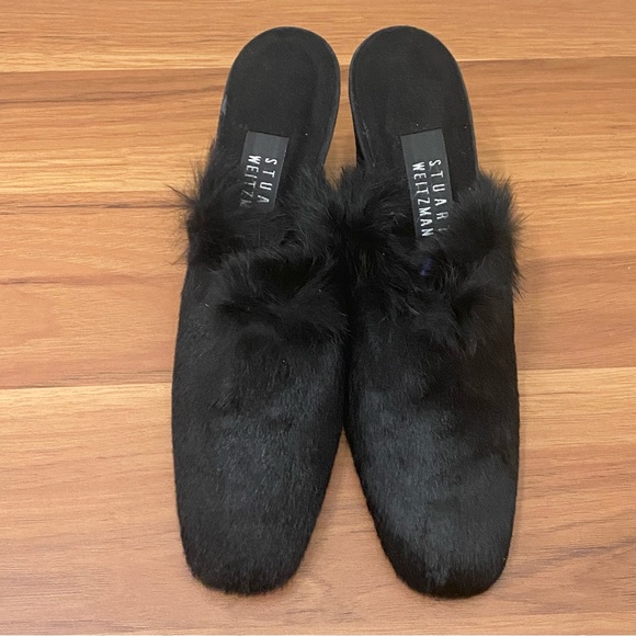 STUART WEITZMAN 5W 47312 Black Calf Hair Fur Slip On Heeled Mules Size 8.5 - Picture 7 of 16